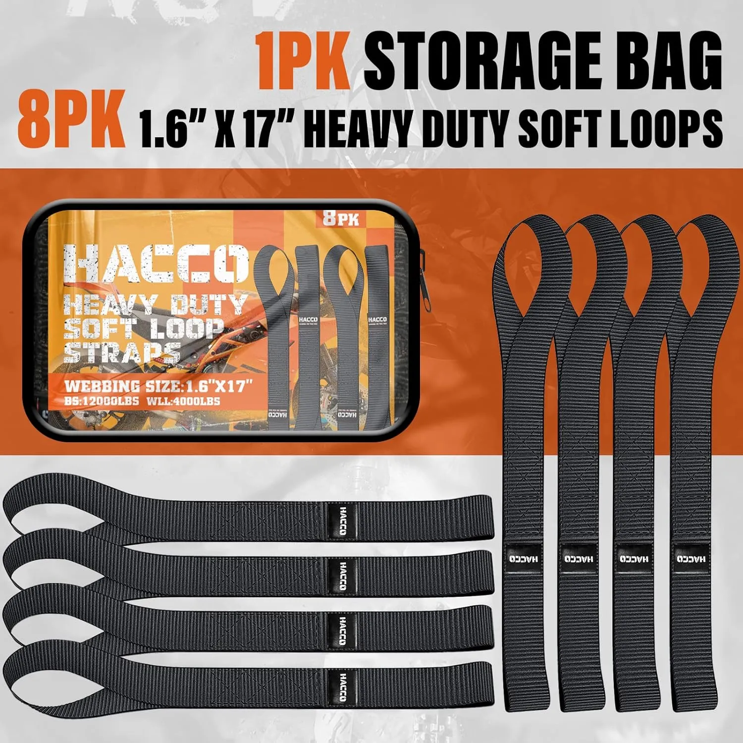 8PK Soft Loop Motorcycle Tie-Down Straps, 1.6 x 17inch 10000LB Break Strength, Heavy Duty Tie Down Loops for Securing ATV, UTV, Dirt Bike, Lawn & Garden Equipment (Black)