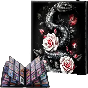 9 Pocket Trading Card Binder, Card Collection Binder for TCG, MTG, Sports Cards, Baseball, Black Snake and Roses Trading Card Book Holder for Collectors, Top Loader Binder