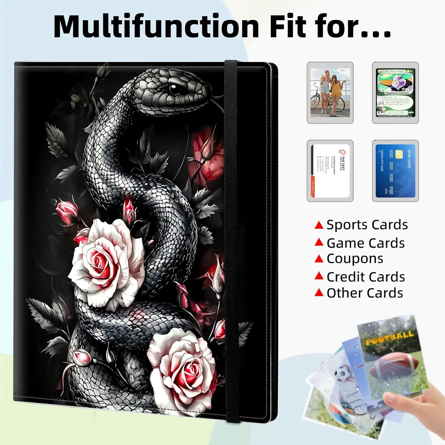 9 Pocket Trading Card Binder, Card Collection Binder for TCG, MTG, Sports Cards, Baseball, Black Snake and Roses Trading Card Book Holder for Collectors, Top Loader Binder