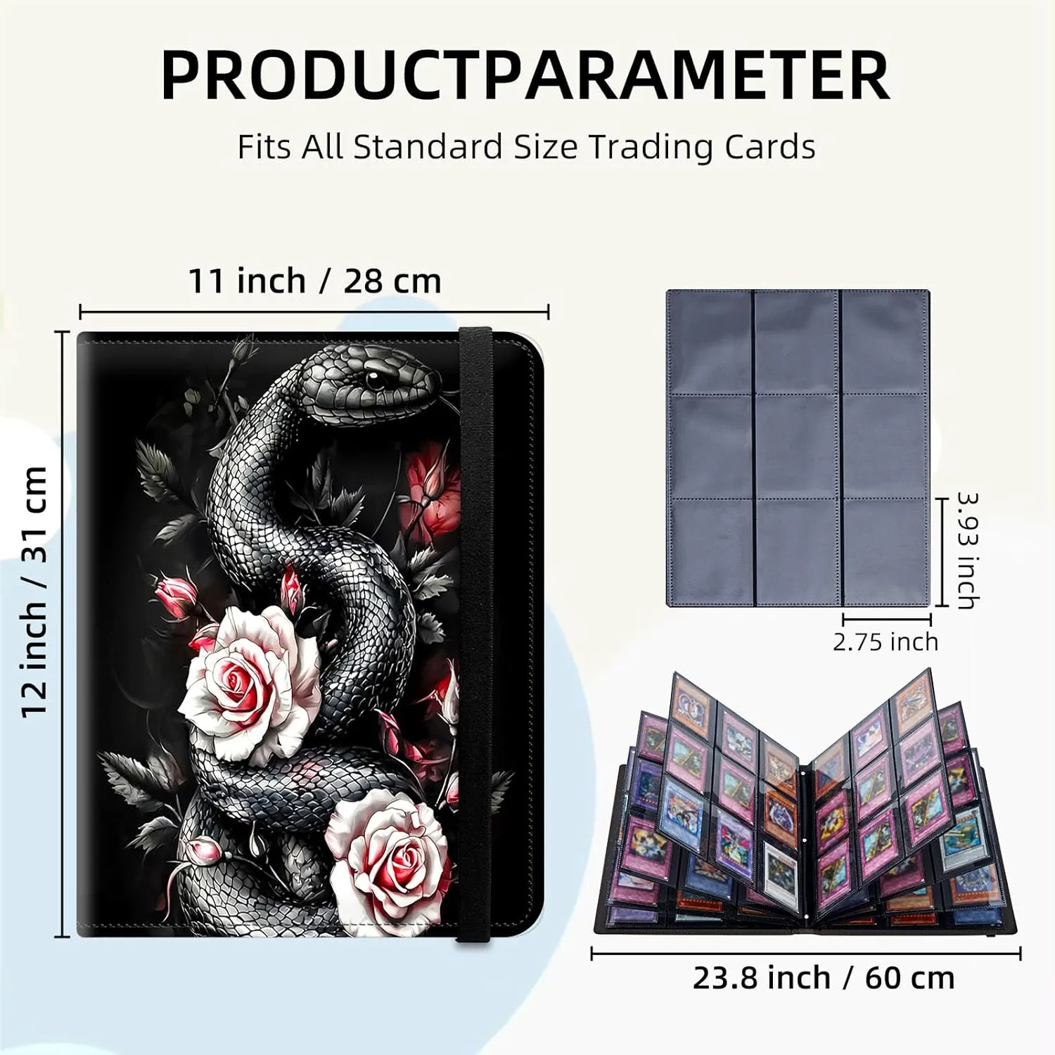 9 Pocket Trading Card Binder, Card Collection Binder for TCG, MTG, Sports Cards, Baseball, Black Snake and Roses Trading Card Book Holder for Collectors, Top Loader Binder