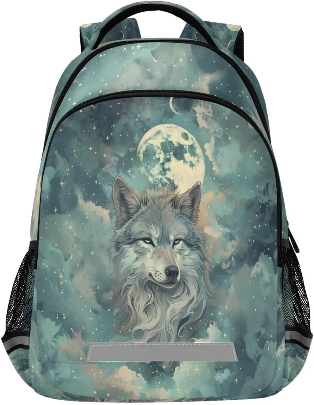 A Gray and White Wolf Surrounds The Fuzzy Stars and A Full Moon Backpacks Travel Laptop Daypack School Book Bag for Men Women Teens Kids