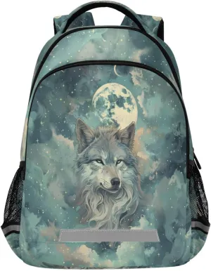 A Gray and White Wolf Surrounds The Fuzzy Stars and A Full Moon Backpacks Travel Laptop Daypack School Book Bag for Men Women Teens Kids