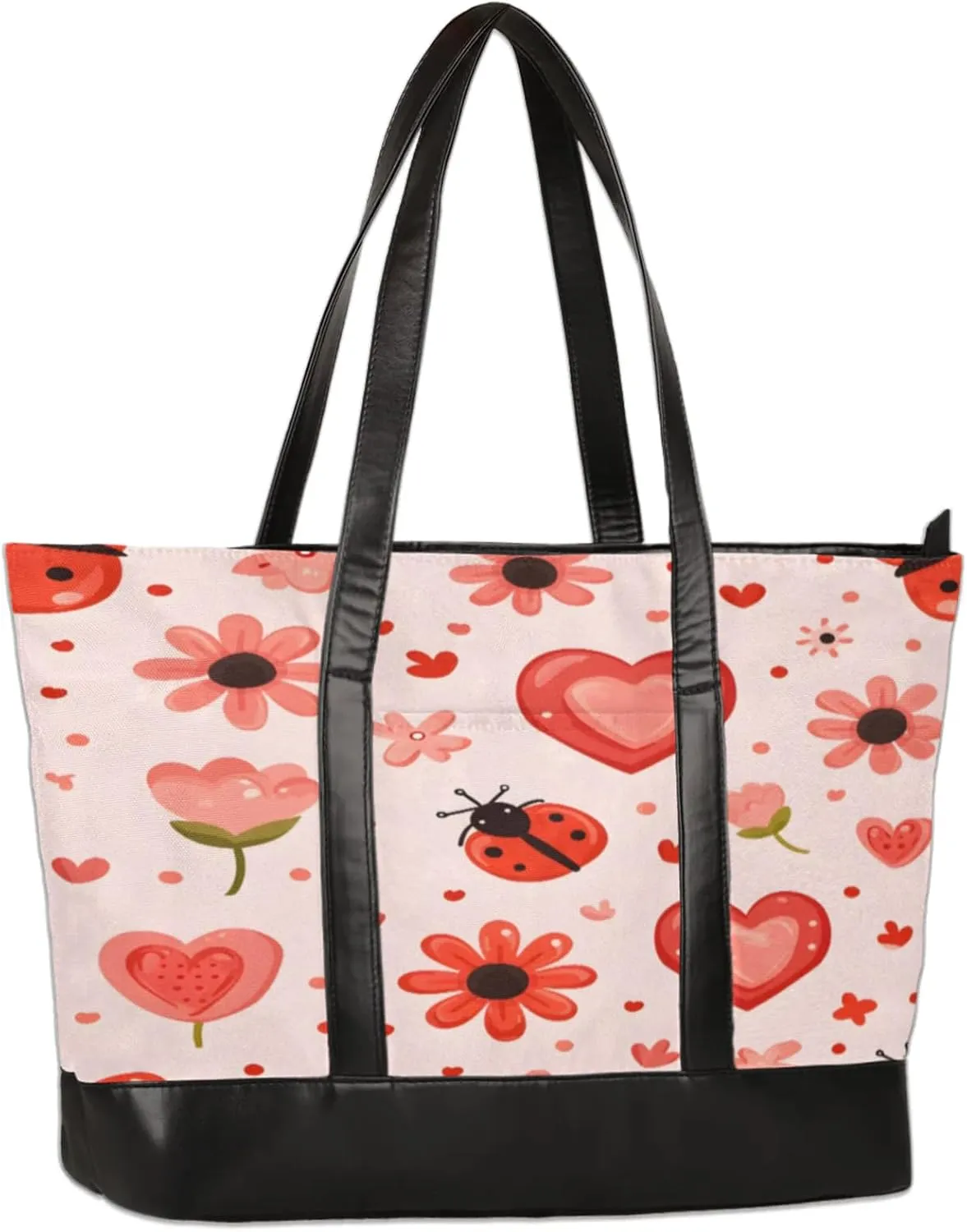 Abstract Flower Ladybird Heart Laptop Tote Bag for Women Lightweight Work Purse with Multiple Compartments Fits 13-15.6 Inch Laptop Tablet Shoulder Bag for Office Travel Daily Use