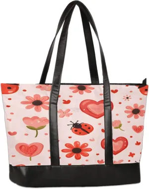 Abstract Flower Ladybird Heart Laptop Tote Bag for Women Lightweight Work Purse with Multiple Compartments Fits 13-15.6 Inch Laptop Tablet Shoulder Bag for Office Travel Daily Use