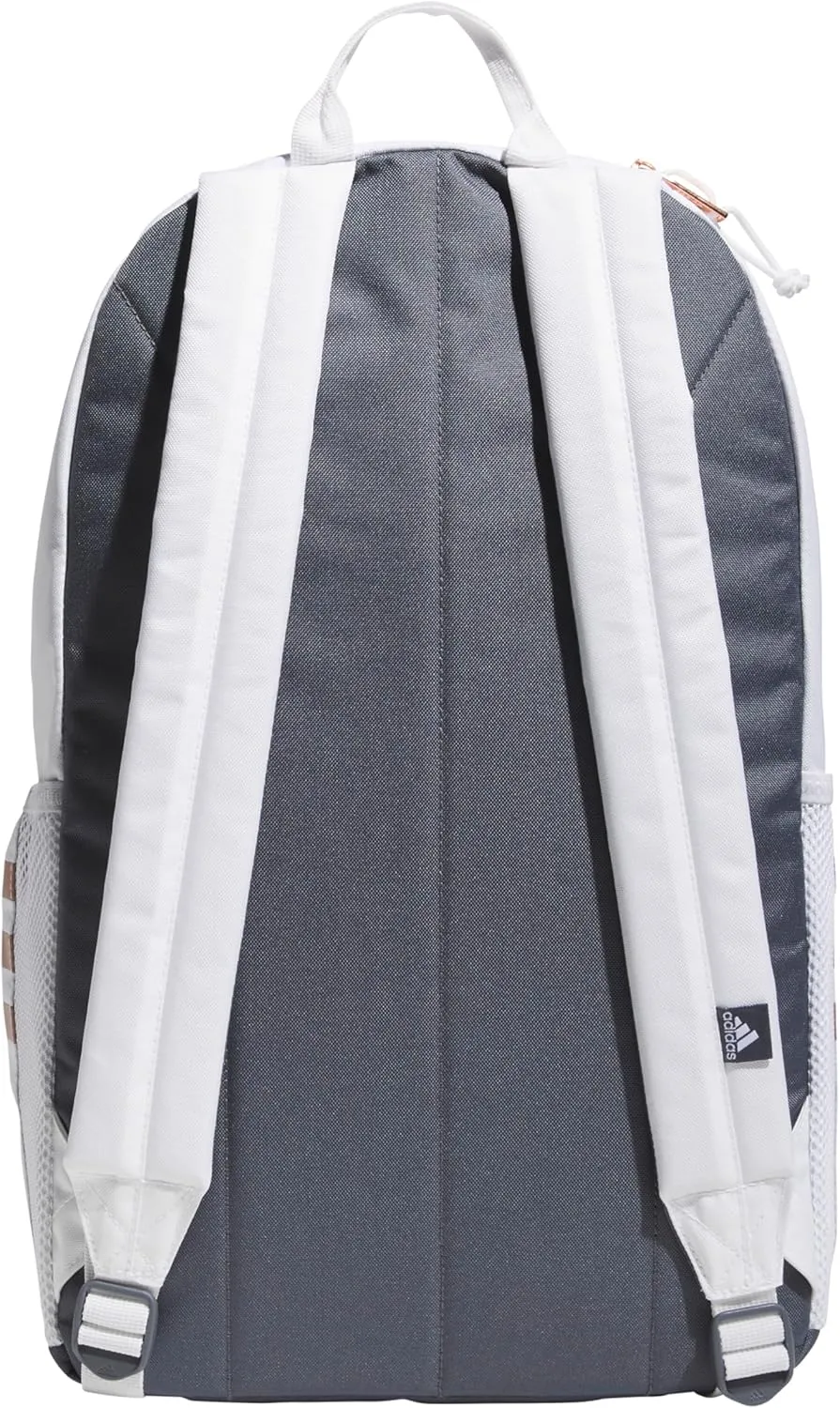 adidas Classic 3-Stripe Durable Backpack Student Athletic Sport Laptop Book Bag, White/Rose Gold/Onix Grey/5.0, One Size
