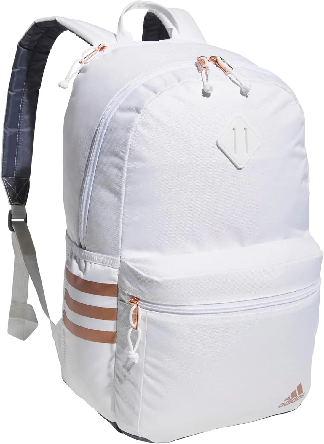 adidas Classic 3-Stripe Durable Backpack Student Athletic Sport Laptop Book Bag, White/Rose Gold/Onix Grey/5.0, One Size