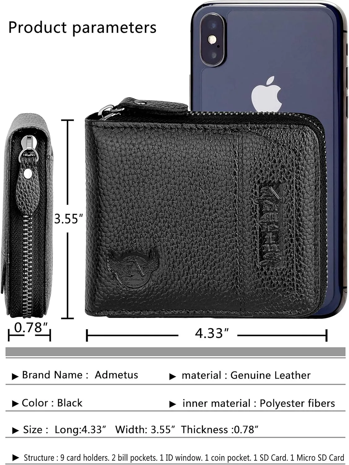 Admetus Men's Genuine Leather Short Zip-around Bifold Wallet