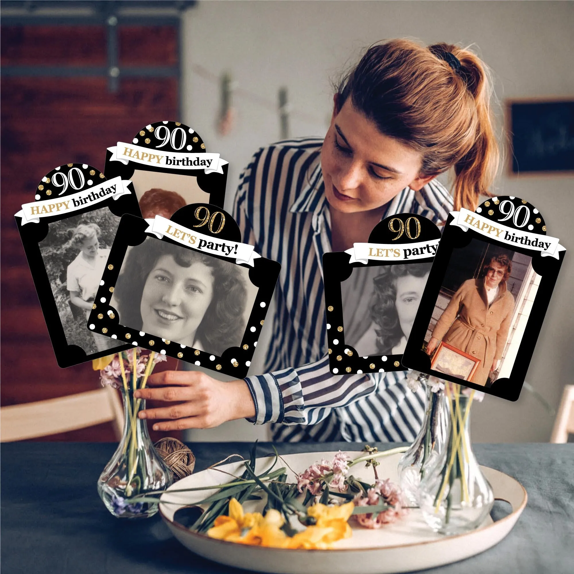 Adult 90th Birthday - Gold - Birthday Party Picture Centerpiece Sticks - Photo Table Toppers - 15 Pieces