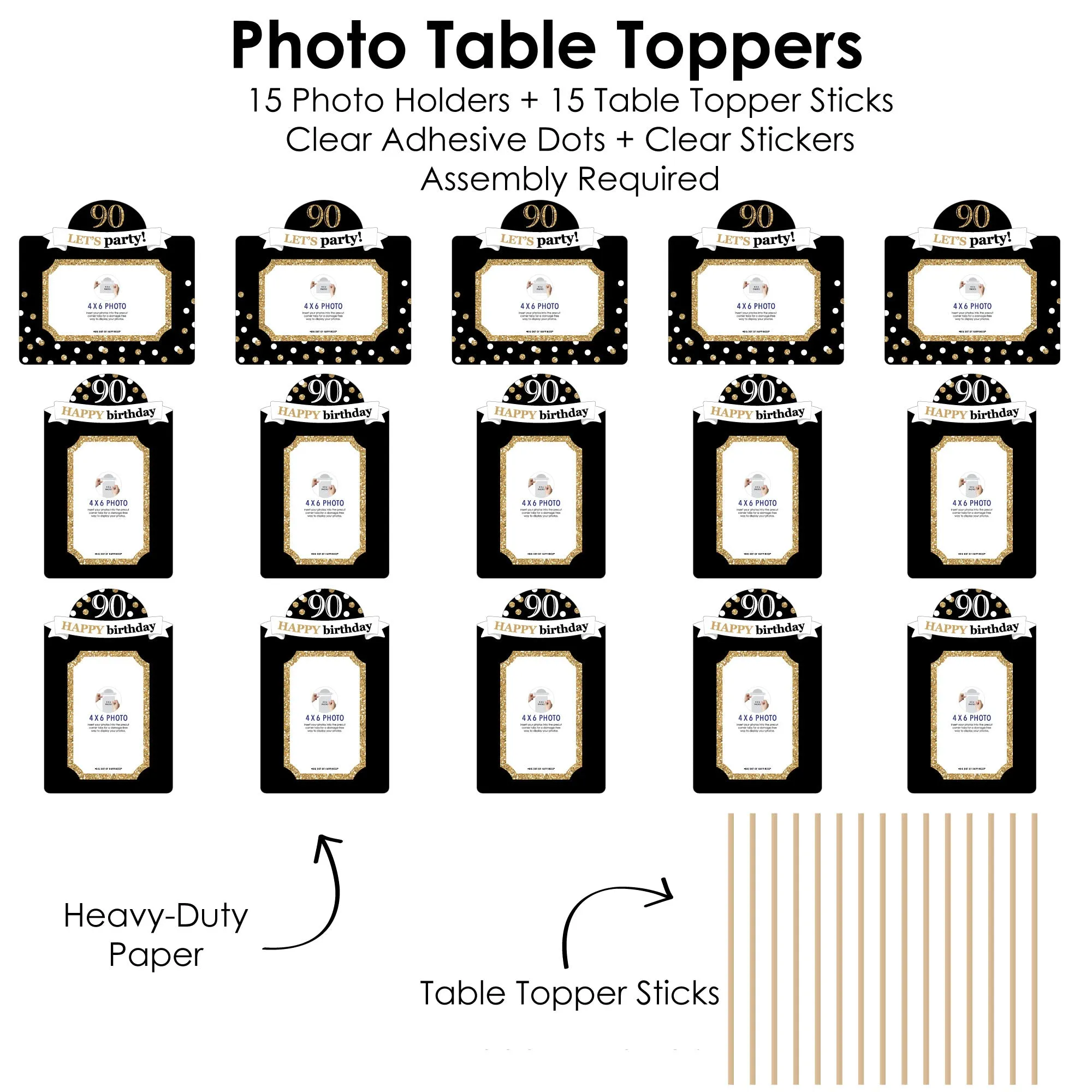 Adult 90th Birthday - Gold - Birthday Party Picture Centerpiece Sticks - Photo Table Toppers - 15 Pieces