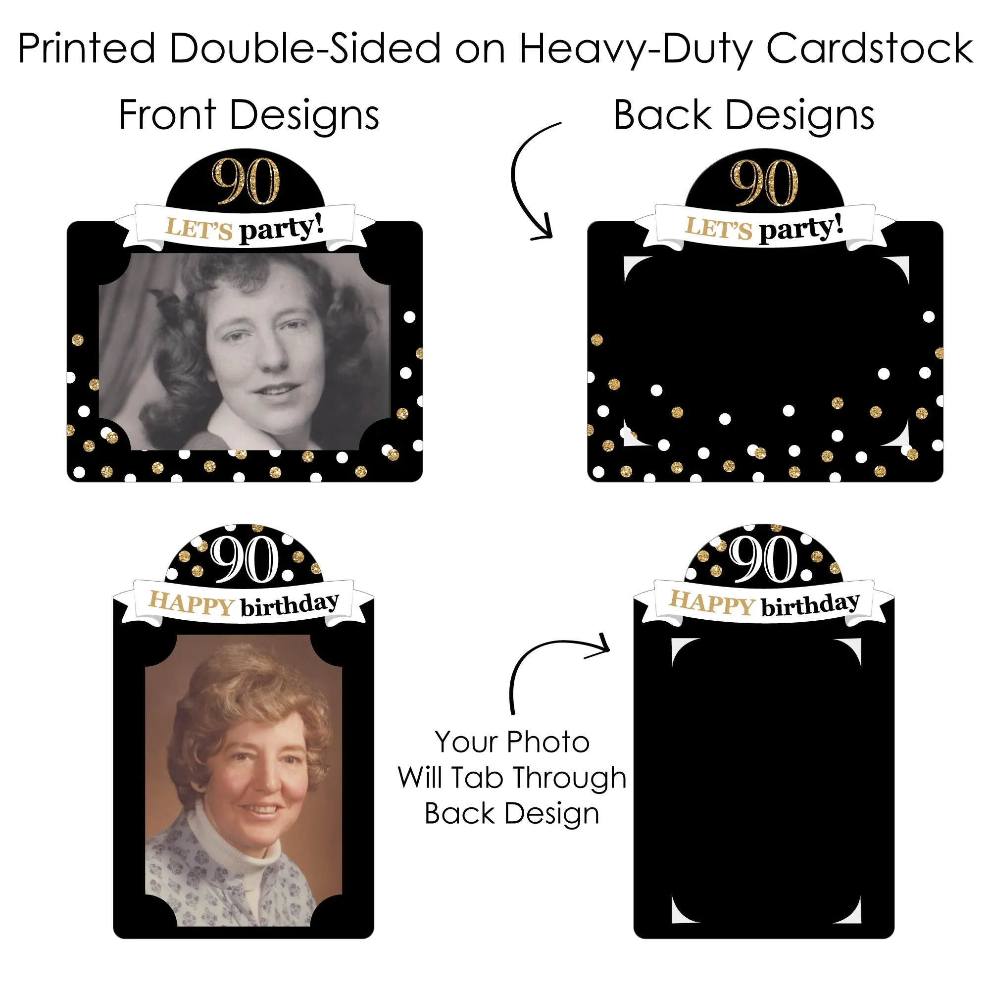 Adult 90th Birthday - Gold - Birthday Party Picture Centerpiece Sticks - Photo Table Toppers - 15 Pieces