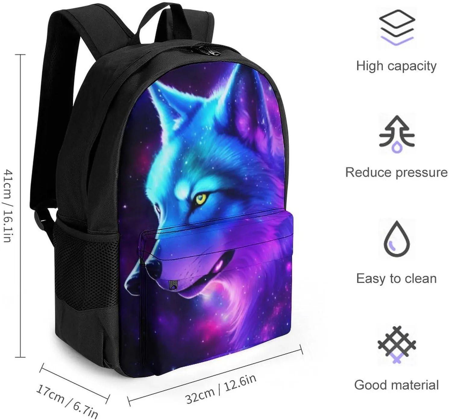Adults Lightweight Galaxy Wolf Magical Space Art Rucksacks Large Capacity Bookbag With Adjustable Shoulder Straps for Trekking Outdoors Bicycle