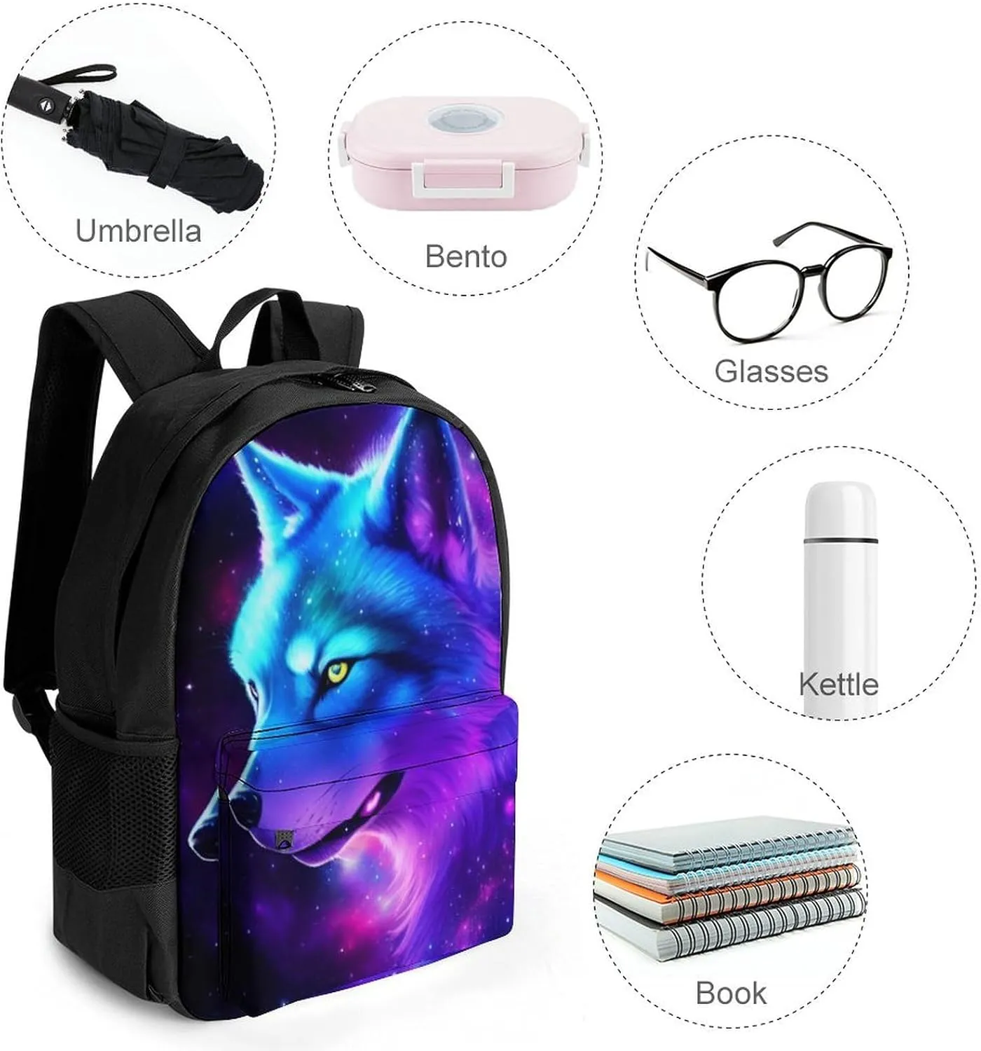 Adults Lightweight Galaxy Wolf Magical Space Art Rucksacks Large Capacity Bookbag With Adjustable Shoulder Straps for Trekking Outdoors Bicycle