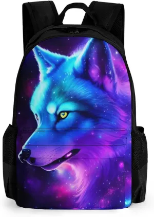 Adults Lightweight Galaxy Wolf Magical Space Art Rucksacks Large Capacity Bookbag With Adjustable Shoulder Straps for Trekking Outdoors Bicycle