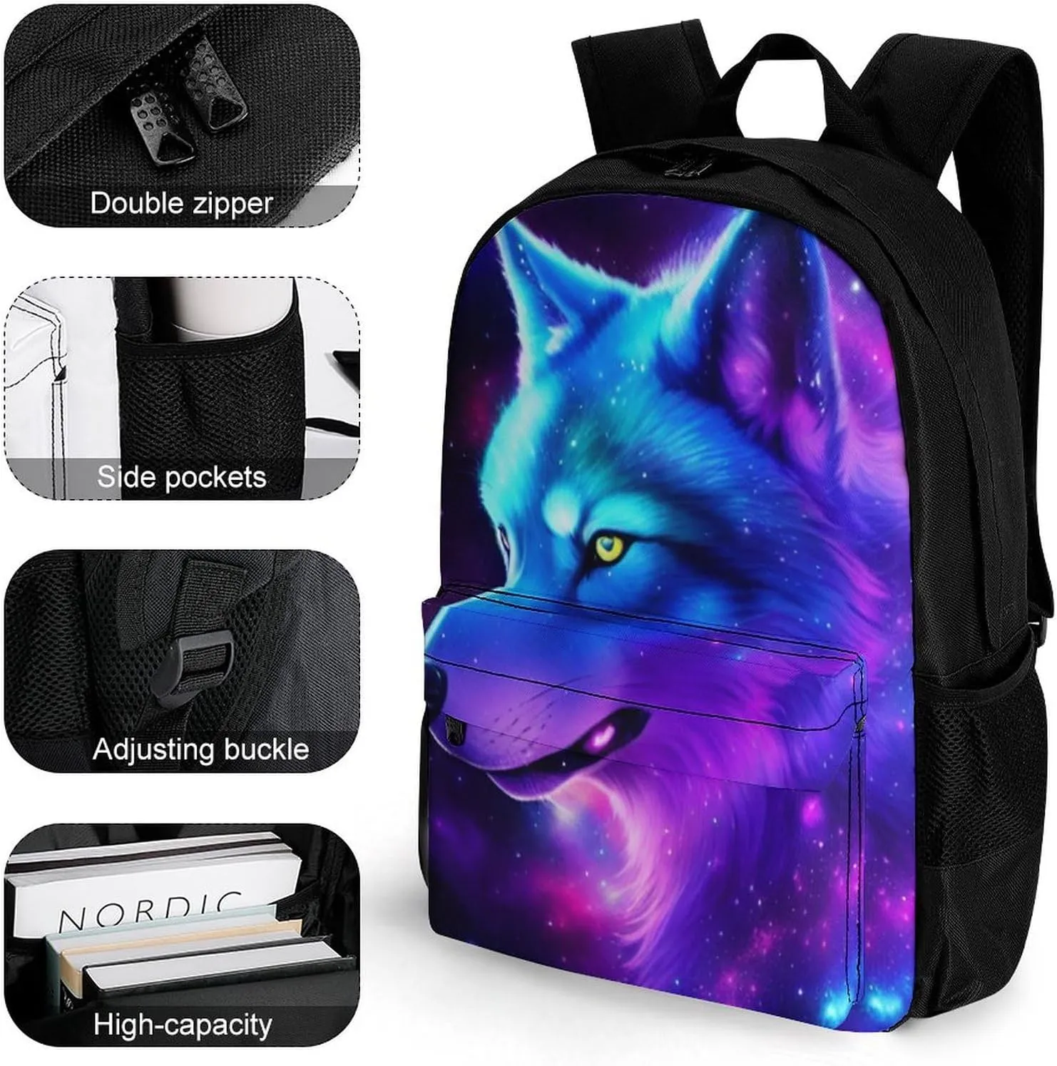 Adults Lightweight Galaxy Wolf Magical Space Art Rucksacks Large Capacity Bookbag With Adjustable Shoulder Straps for Trekking Outdoors Bicycle