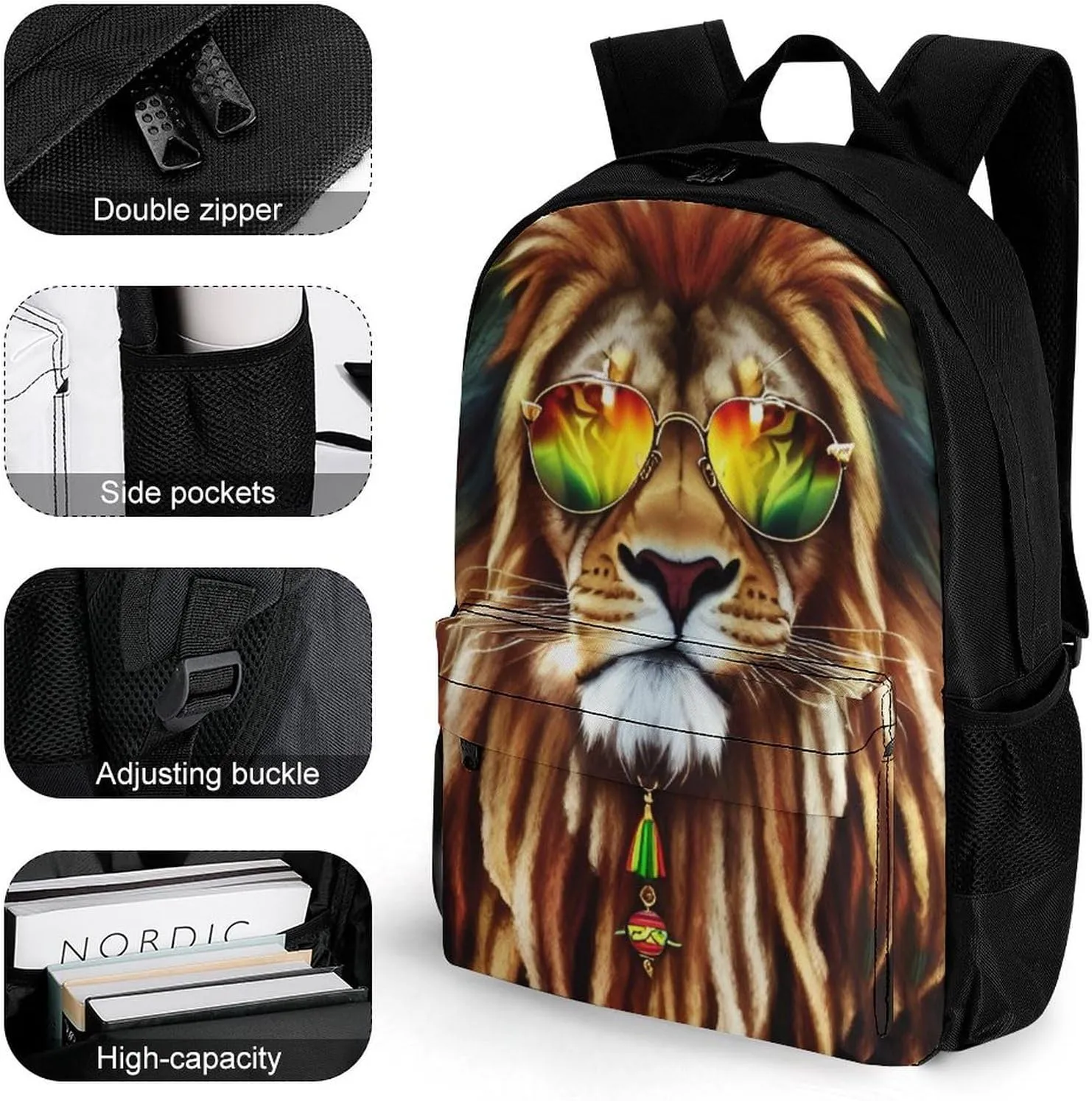 Adults Lightweight Rasta Lion Of Judah Art Rucksacks Large Capacity Bookbag With Adjustable Shoulder Straps for Trekking Outdoors Bicycle