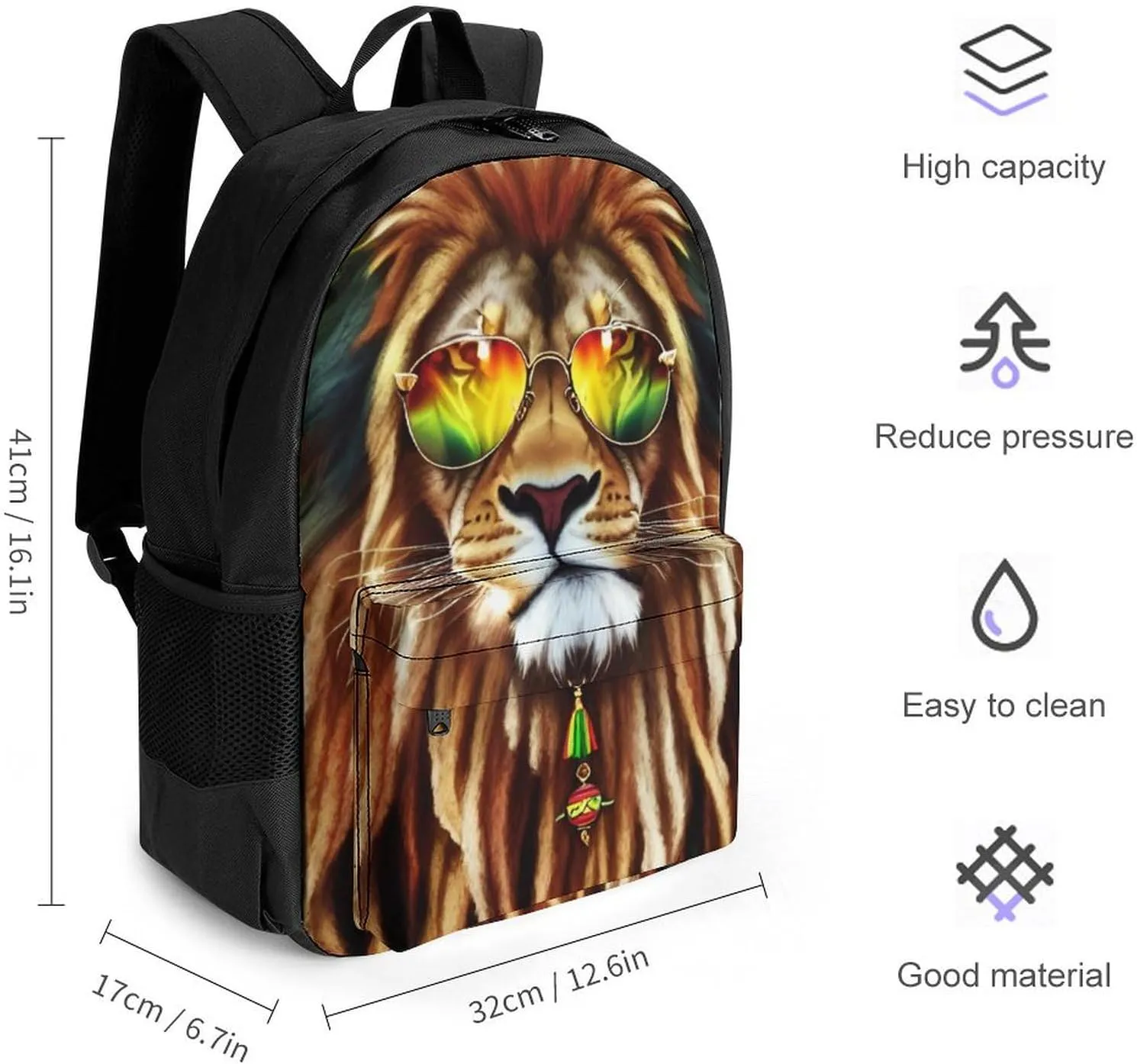 Adults Lightweight Rasta Lion Of Judah Art Rucksacks Large Capacity Bookbag With Adjustable Shoulder Straps for Trekking Outdoors Bicycle
