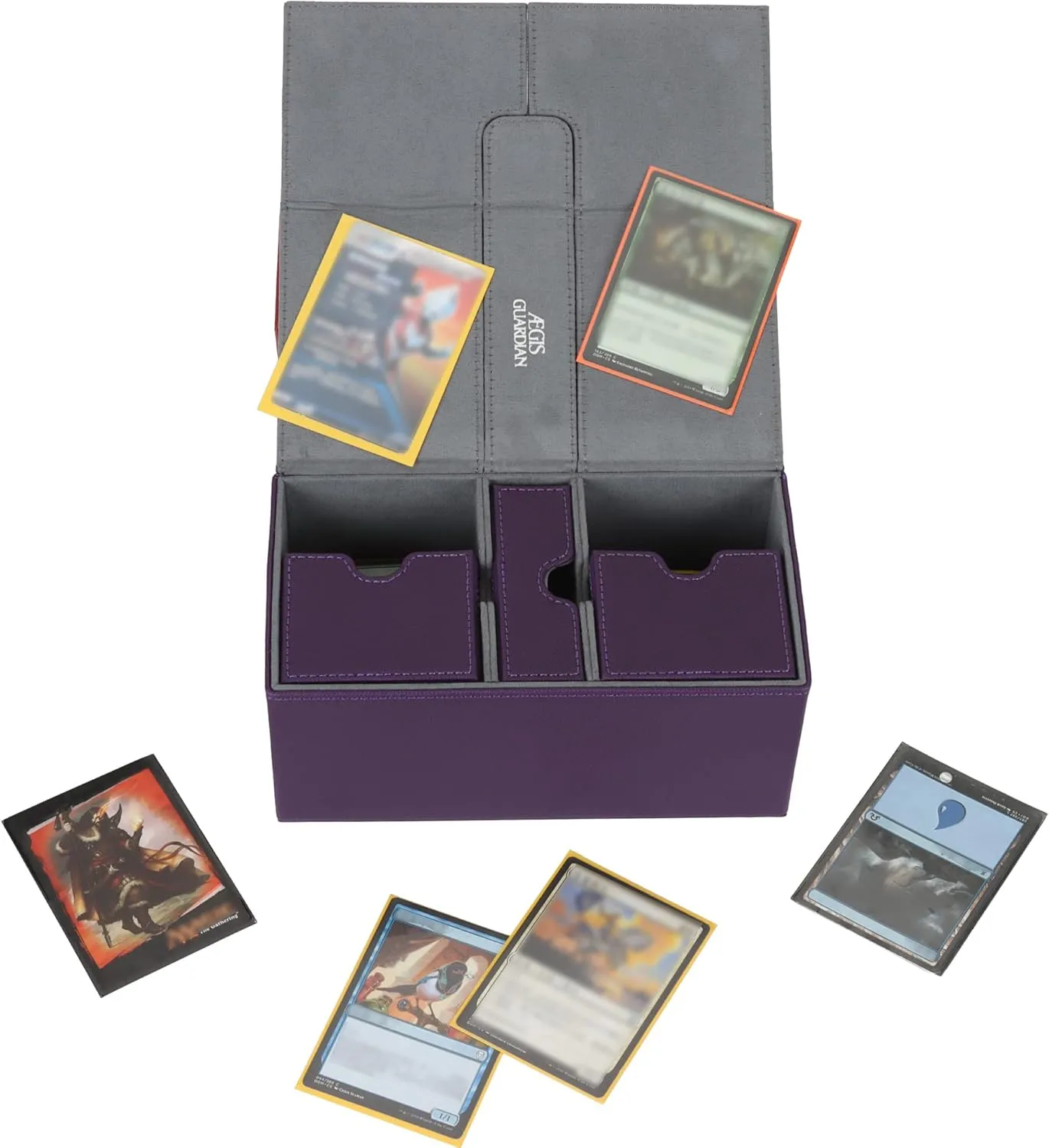 AEGIS GUARDIAN Card Deck Box for MTG with 3 Tray Commander Deck Box Hold 200  Double Sleeved Cards, PU Leather 7 Strong Magnets Card Storage Box Deck Game Case for TCG CCG, Purple