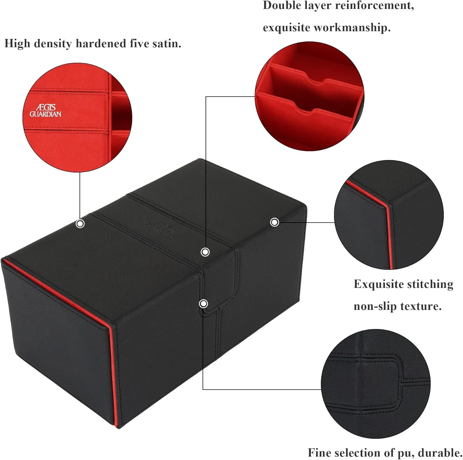 AEGIS GUARDIAN Card Deck Box for MTG with 3 Tray Commander Deck Box Hold 200  Double Sleeved Cards, PU Leather 7 Strong Magnets Card Storage Box Deck Game Case for TCG CCG, Red Ineer