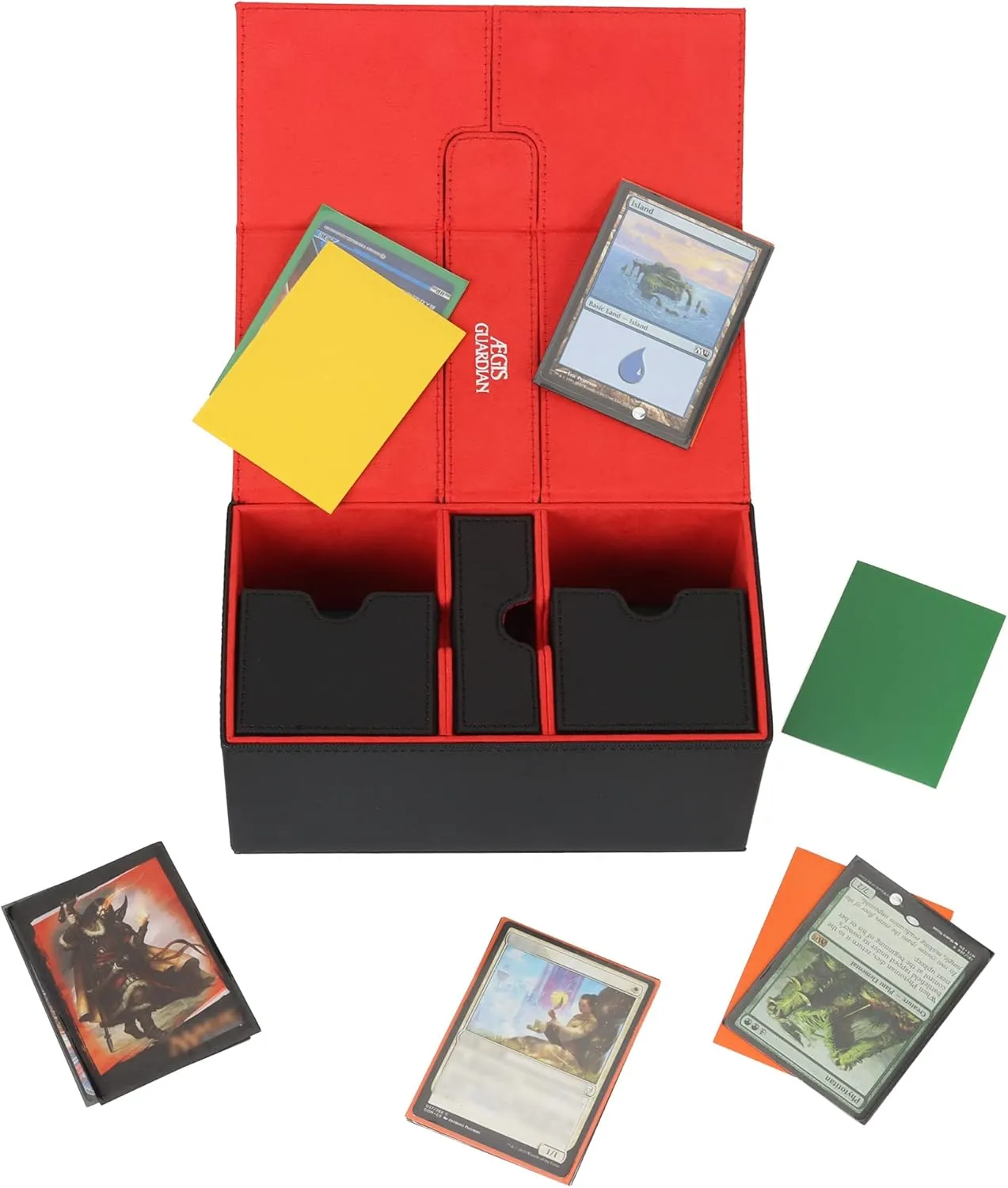 AEGIS GUARDIAN Card Deck Box for MTG with 3 Tray Commander Deck Box Hold 200  Double Sleeved Cards, PU Leather 7 Strong Magnets Card Storage Box Deck Game Case for TCG CCG, Red Ineer