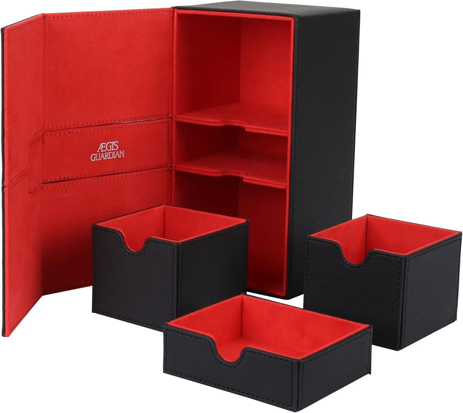 AEGIS GUARDIAN Card Deck Box for MTG with 3 Tray Commander Deck Box Hold 200  Double Sleeved Cards, PU Leather 7 Strong Magnets Card Storage Box Deck Game Case for TCG CCG, Red Ineer