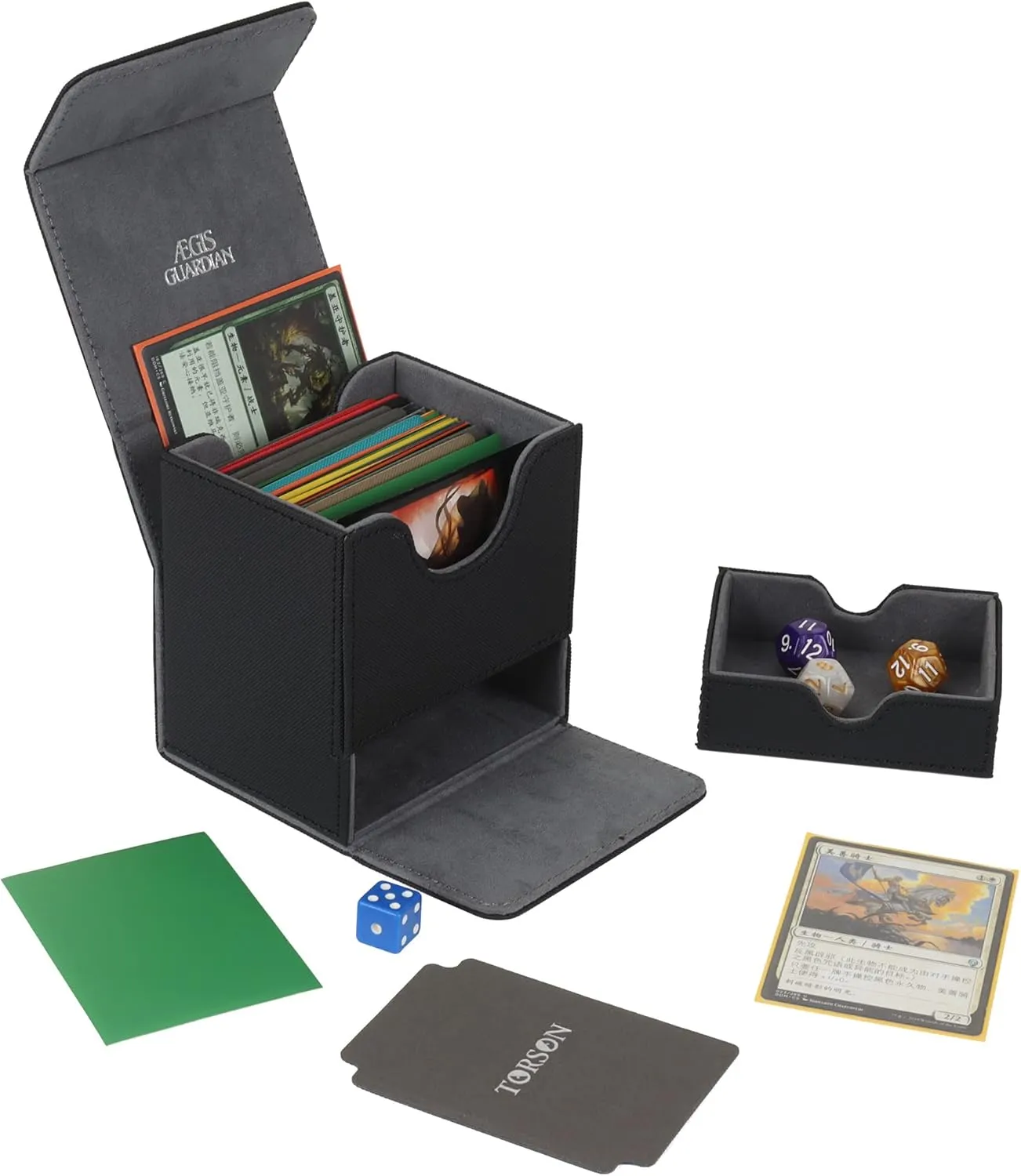 AEGIS GUARDIAN Card Deck Box with Dice Tray for MTG Cards, Commander Deck Box fit 150  Sleeved Cards, PU Leather Card Storage Box Strong Magnet Deck Game Case for TCG CCG, Black