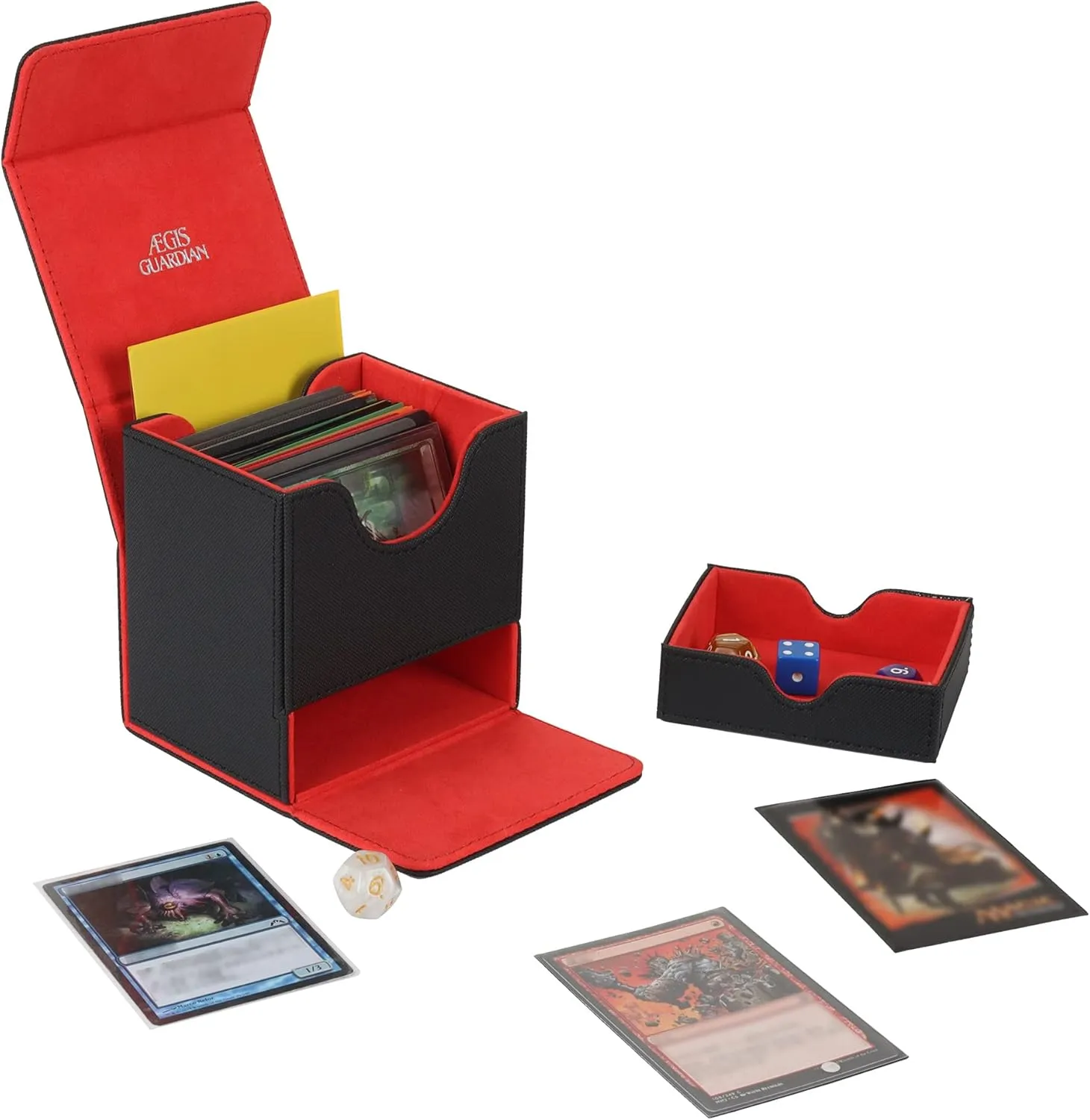 AEGIS GUARDIAN Card Deck Box with Dice Tray for MTG Cards, Commander Deck Box fit 150  Sleeved Cards, PU Leather Card Storage Box Strong Magnet Deck Game Case for TCG CCG, Red Ineer