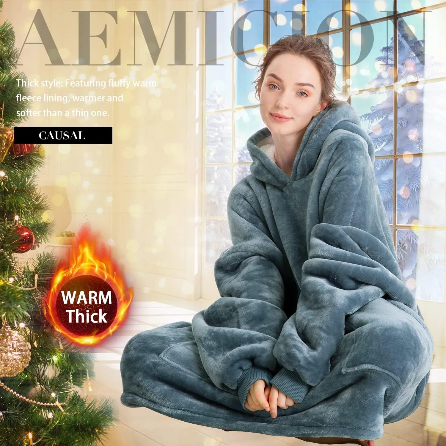 Aemicion Blanket Hoodie for Adults,Sherpa Soft Warm Thick Oversized Wearable Sweatshirt Hooded Blanket for Women Men-Blue Grey