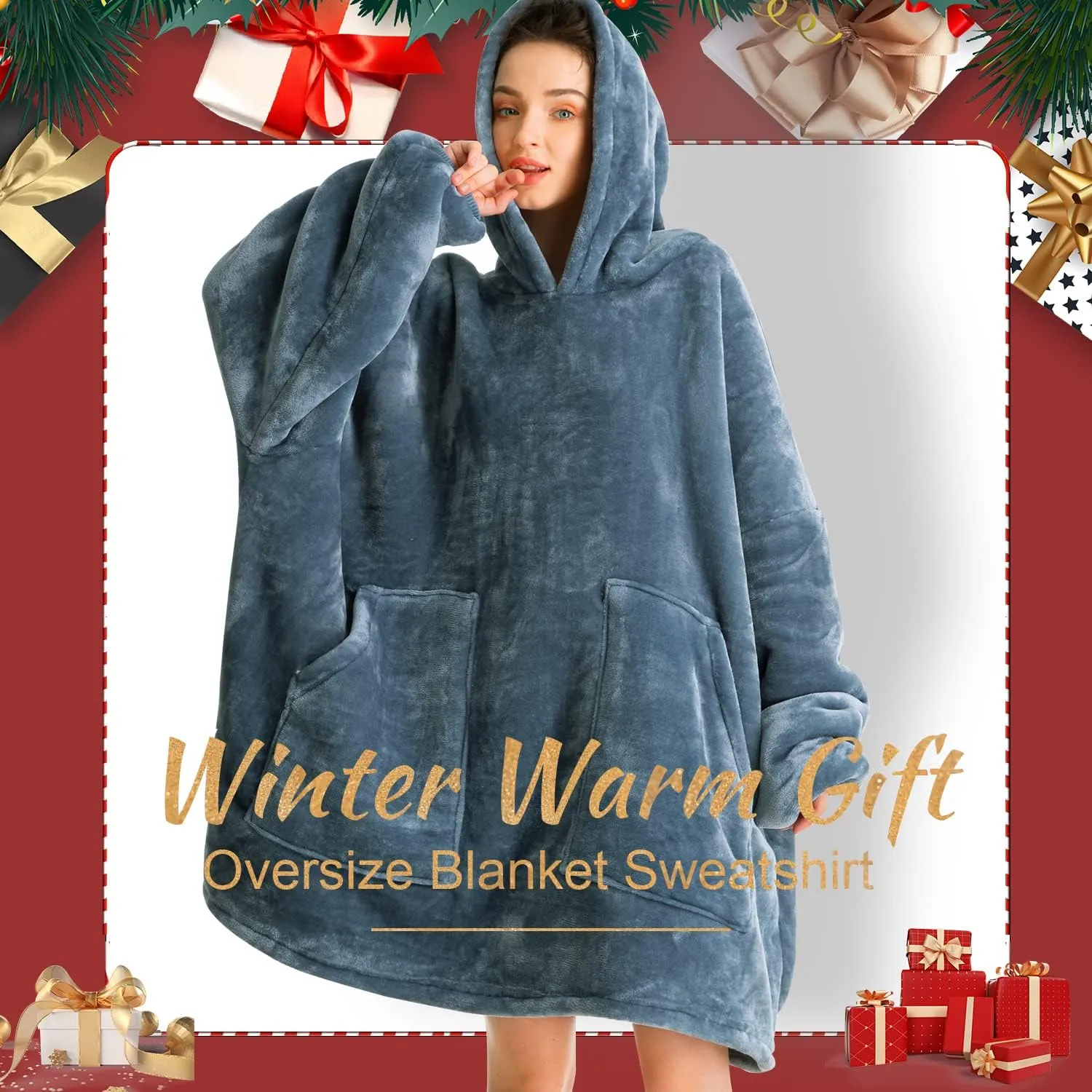 Aemicion Blanket Hoodie for Adults,Sherpa Soft Warm Thick Oversized Wearable Sweatshirt Hooded Blanket for Women Men-Blue Grey