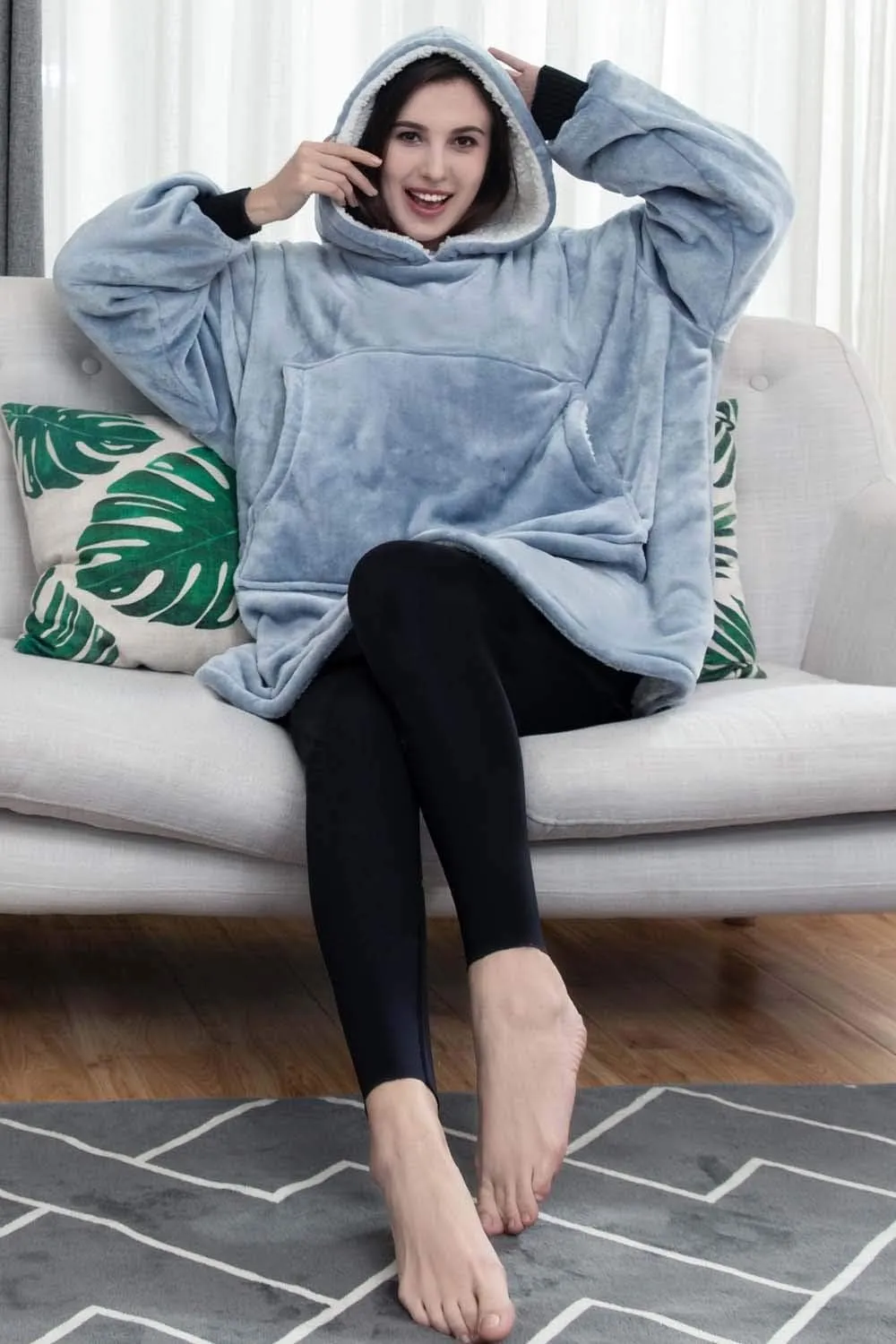 Aemicion Blanket Hoodie for Adults,Sherpa Soft Warm Thick Oversized Wearable Sweatshirt Hooded Blanket for Women Men-Blue Grey