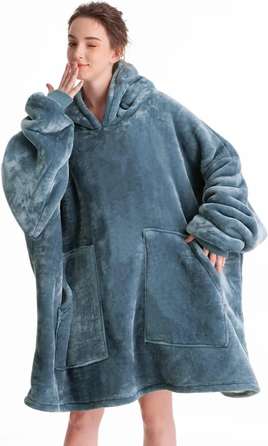 Aemicion Blanket Hoodie for Adults,Sherpa Soft Warm Thick Oversized Wearable Sweatshirt Hooded Blanket for Women Men-Blue Grey