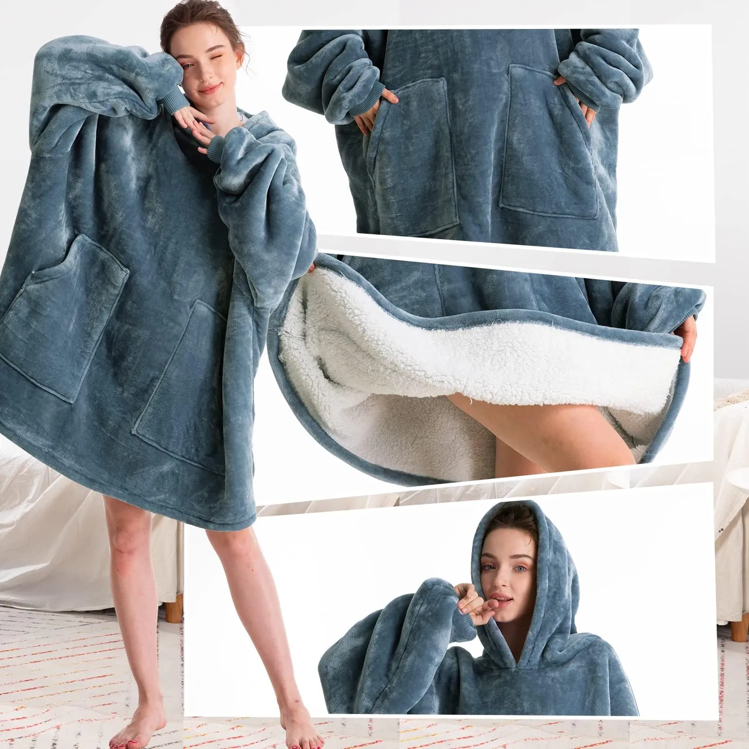 Aemicion Blanket Hoodie for Adults,Sherpa Soft Warm Thick Oversized Wearable Sweatshirt Hooded Blanket for Women Men-Blue Grey