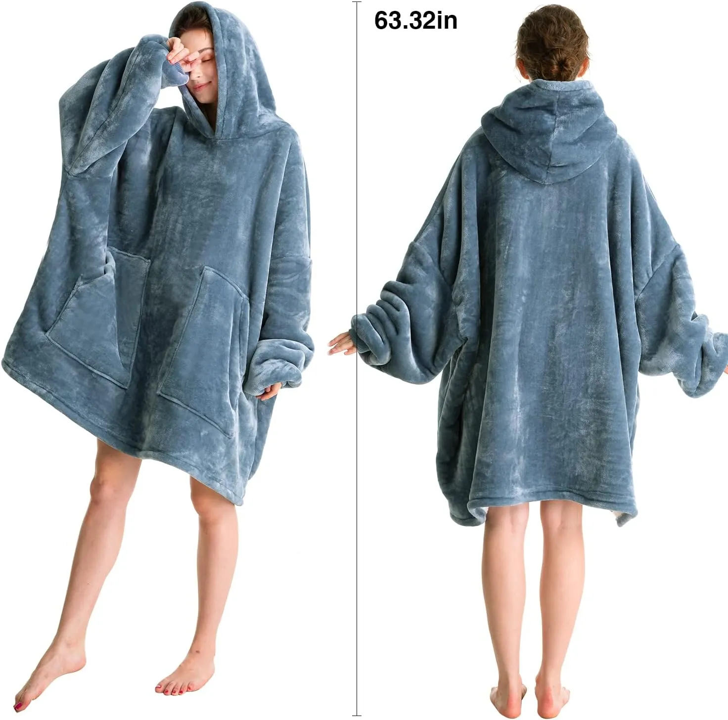 Aemicion Blanket Hoodie for Adults,Sherpa Soft Warm Thick Oversized Wearable Sweatshirt Hooded Blanket for Women Men-Blue Grey