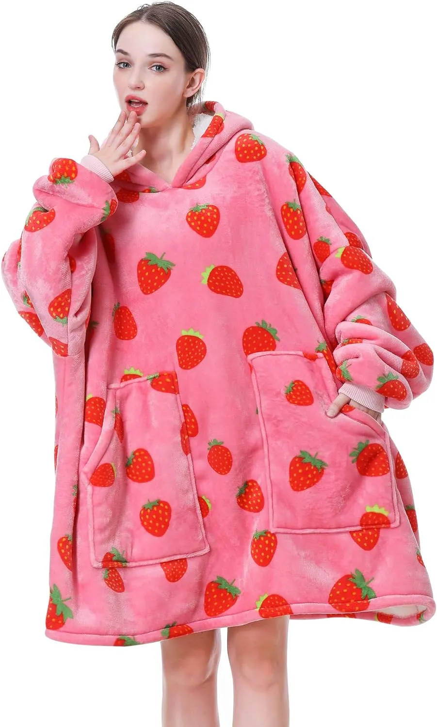 Aemicion Strawberry Blanket Hoodie,Oversized Sherpa Wearable Hooded Blanket,Warm Cozy Sweatshirt Gifts for Women Girls Adult