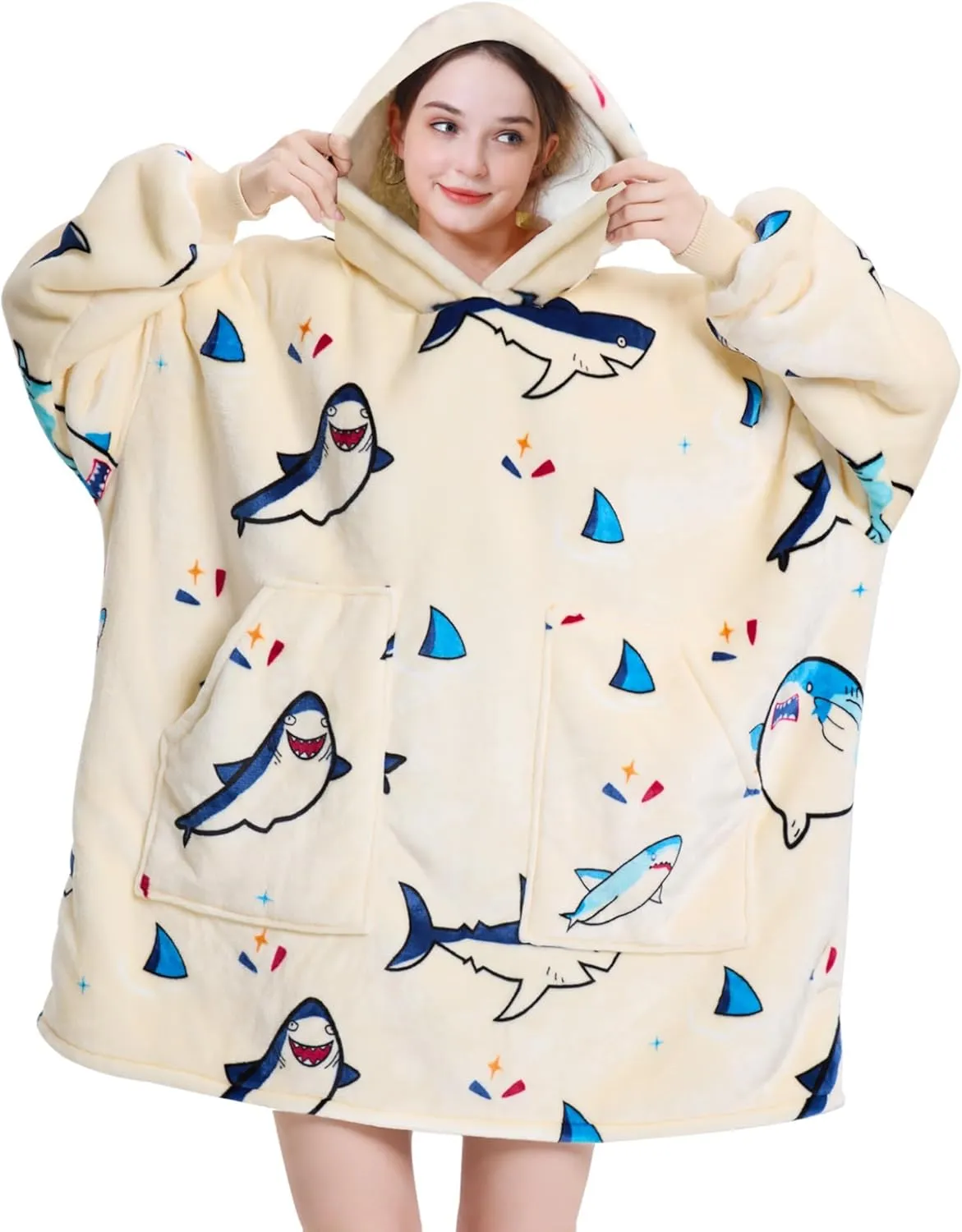 Aemicion Wearable Blanket Hoodie,Oversized Sherpa Fleece Sweatshirt Blanket with Giant Hood and Sleeves for Adult,Warm Cozy Shark Blanket Gifts for Women Men