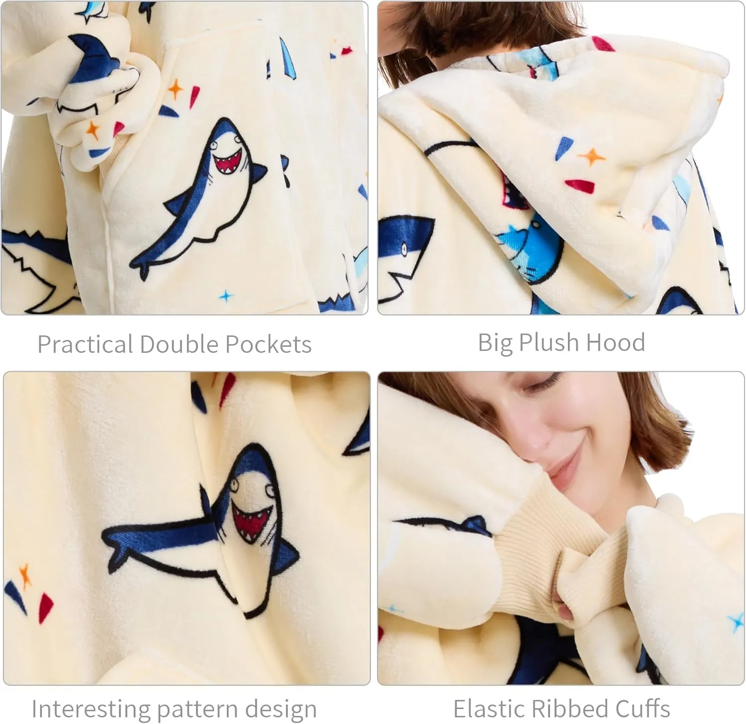 Aemicion Wearable Blanket Hoodie,Oversized Sherpa Fleece Sweatshirt Blanket with Giant Hood and Sleeves for Adult,Warm Cozy Shark Blanket Gifts for Women Men