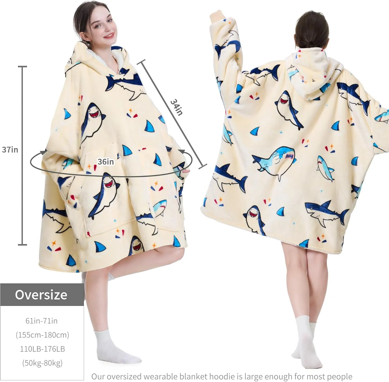 Aemicion Wearable Blanket Hoodie,Oversized Sherpa Fleece Sweatshirt Blanket with Giant Hood and Sleeves for Adult,Warm Cozy Shark Blanket Gifts for Women Men
