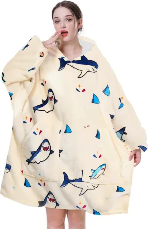 Aemicion Wearable Blanket Hoodie,Oversized Sherpa Fleece Sweatshirt Blanket with Giant Hood and Sleeves for Adult,Warm Cozy Shark Blanket Gifts for Women Men