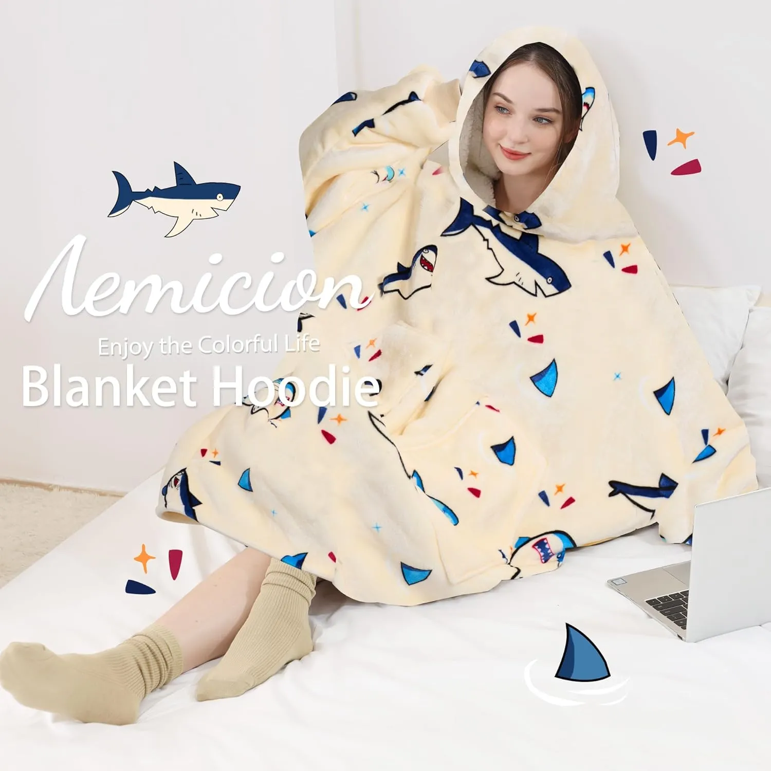 Aemicion Wearable Blanket Hoodie,Oversized Sherpa Fleece Sweatshirt Blanket with Giant Hood and Sleeves for Adult,Warm Cozy Shark Blanket Gifts for Women Men