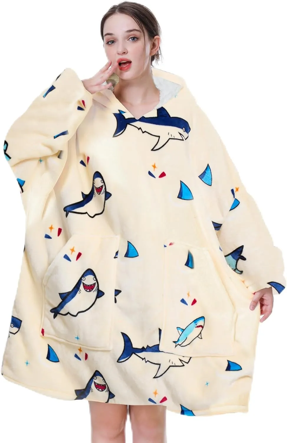 Aemicion Wearable Blanket Hoodie,Oversized Sherpa Fleece Sweatshirt Blanket with Giant Hood and Sleeves for Adult,Warm Cozy Shark Blanket Gifts for Women Men