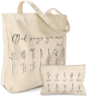 Aesthetic 2 Pack Canvas Tote Bag - with Makeup Zipper Pouch for Women Bag for Shopping, Gym, Travel, Vacation