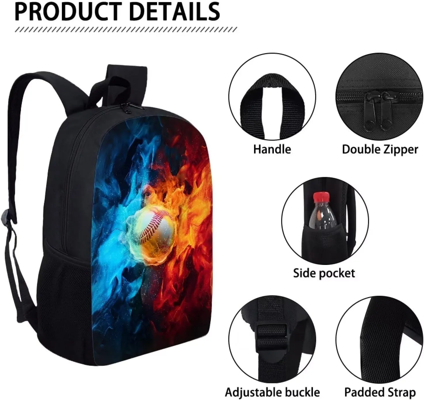 Aesthetic Burning Baseball Backpack for Primary Middle Hight School Boys Girls School Bag with Padded Straps Kids Travel Lightweight Laptop