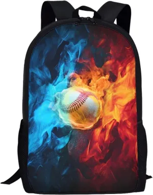 Aesthetic Burning Baseball Backpack for Primary Middle Hight School Boys Girls School Bag with Padded Straps Kids Travel Lightweight Laptop
