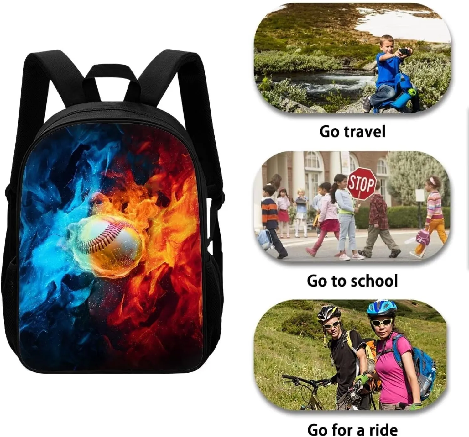 Aesthetic Burning Baseball Backpack for Primary Middle Hight School Boys Girls School Bag with Padded Straps Kids Travel Lightweight Laptop
