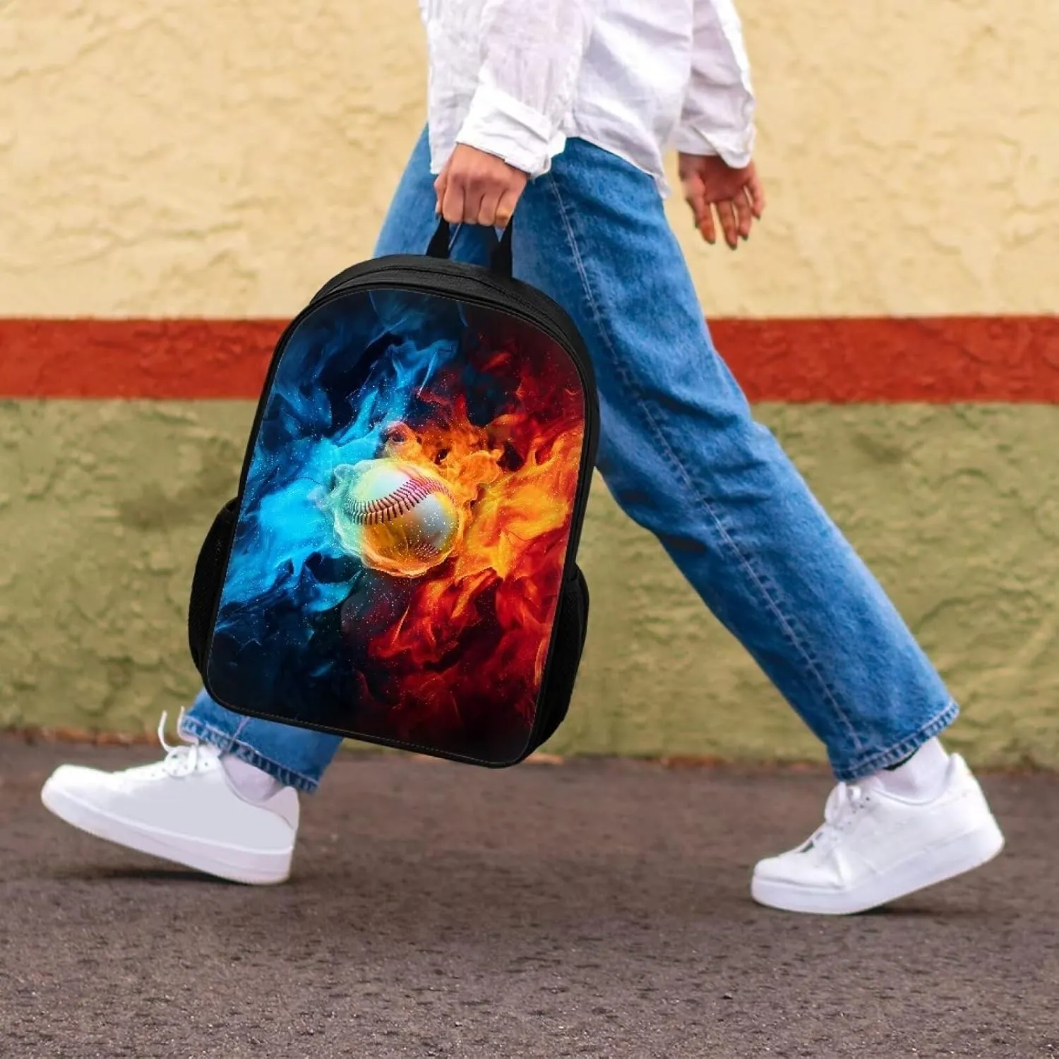 Aesthetic Burning Baseball Backpack for Primary Middle Hight School Boys Girls School Bag with Padded Straps Kids Travel Lightweight Laptop