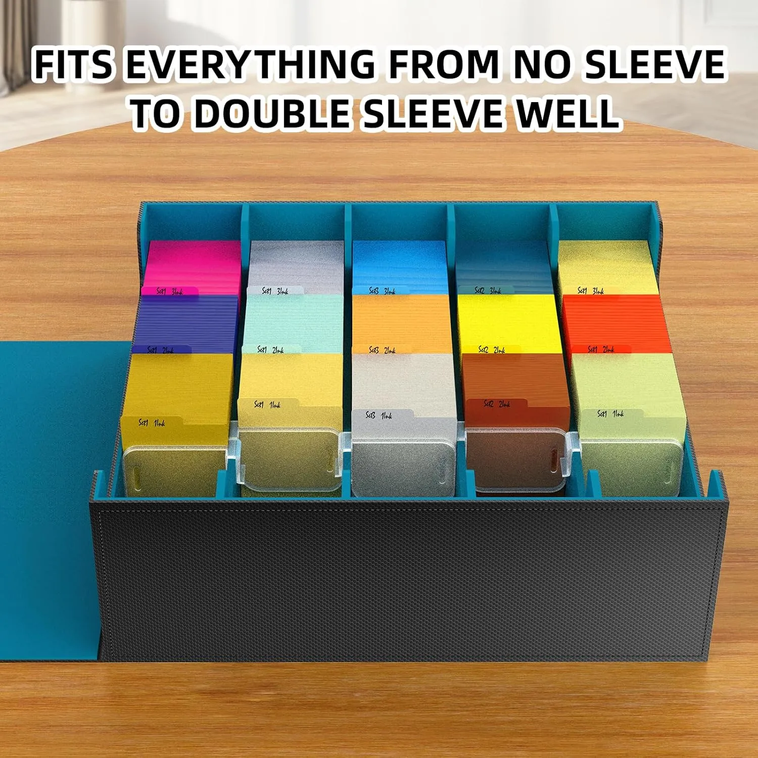 AFIING 4-Row Trading Card Storage Box – Holds 3200  Cards, 48 Dividers & 4 Stoppers, Card Deck Box for MTG TCG Sports Cards – Includes 1 Dice Bag(Black Cyan)