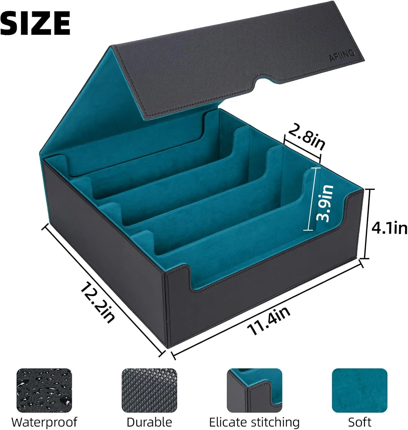 AFIING 4-Row Trading Card Storage Box – Holds 3200  Cards, 48 Dividers & 4 Stoppers, Card Deck Box for MTG TCG Sports Cards – Includes 1 Dice Bag(Black Cyan)