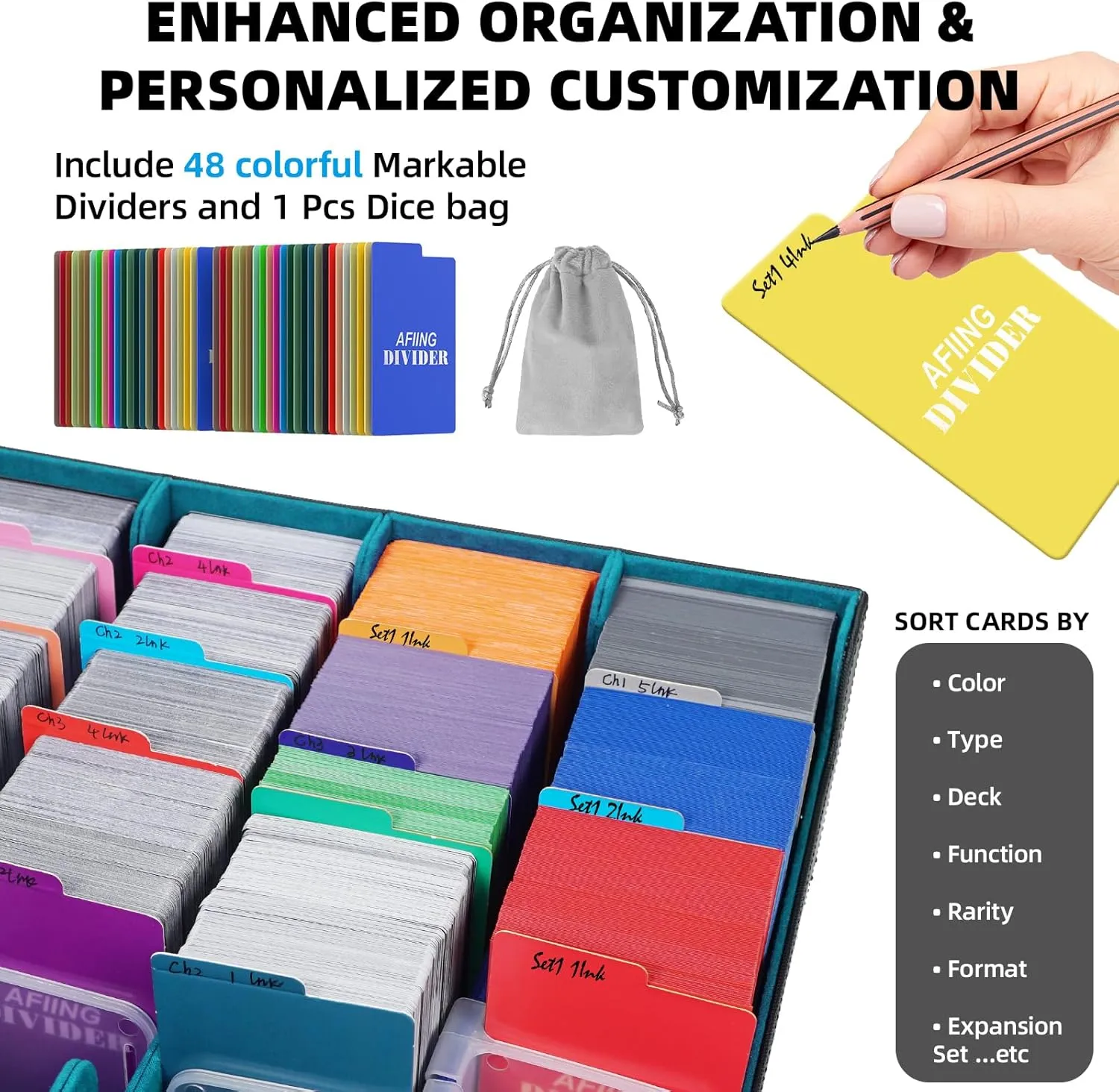 AFIING 4-Row Trading Card Storage Box – Holds 3200  Cards, 48 Dividers & 4 Stoppers, Card Deck Box for MTG TCG Sports Cards – Includes 1 Dice Bag(Black Cyan)