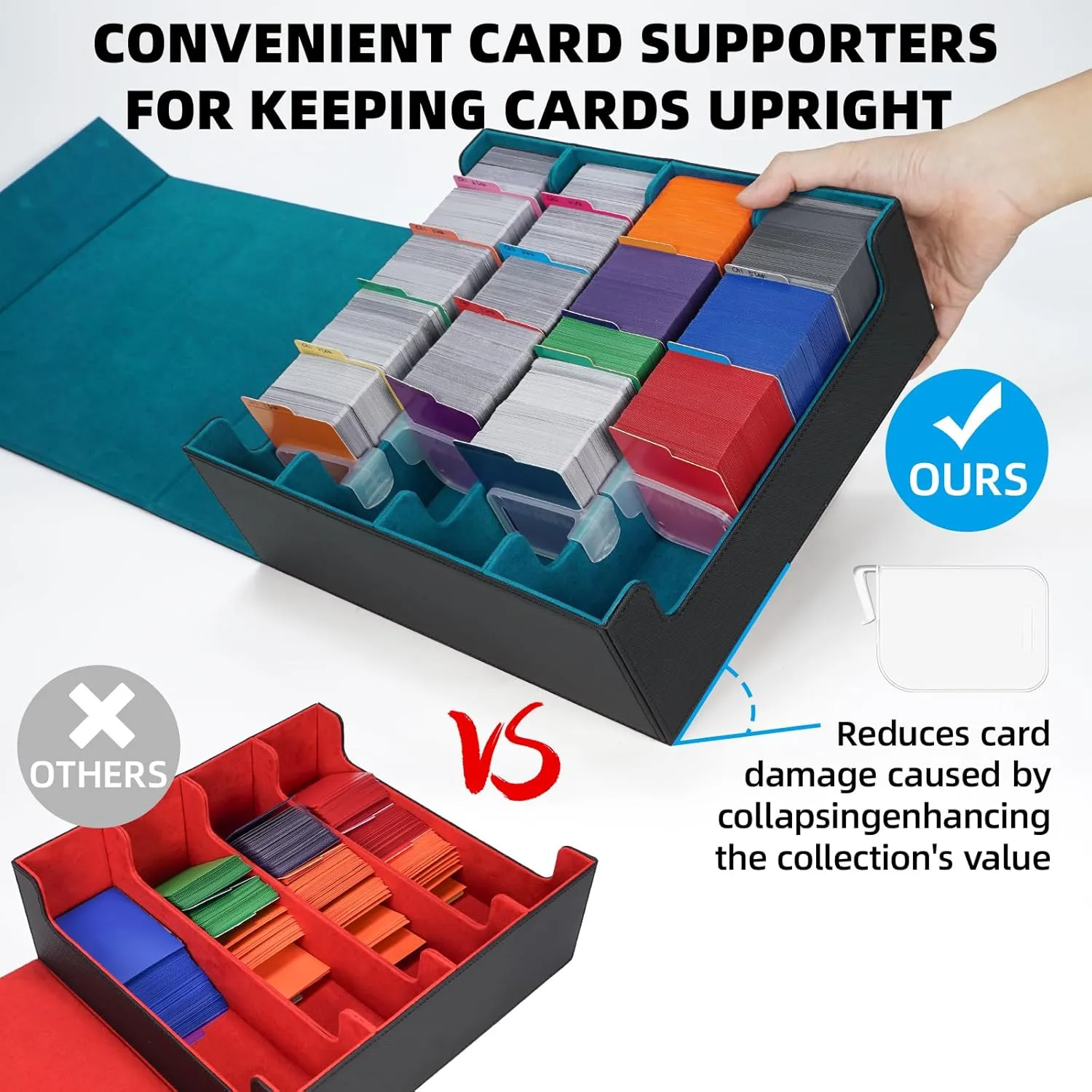 AFIING 4-Row Trading Card Storage Box – Holds 3200  Cards, 48 Dividers & 4 Stoppers, Card Deck Box for MTG TCG Sports Cards – Includes 1 Dice Bag(Black Cyan)