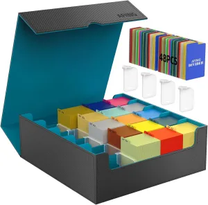 AFIING 4-Row Trading Card Storage Box – Holds 3200  Cards, 48 Dividers & 4 Stoppers, Card Deck Box for MTG TCG Sports Cards – Includes 1 Dice Bag(Black Cyan)