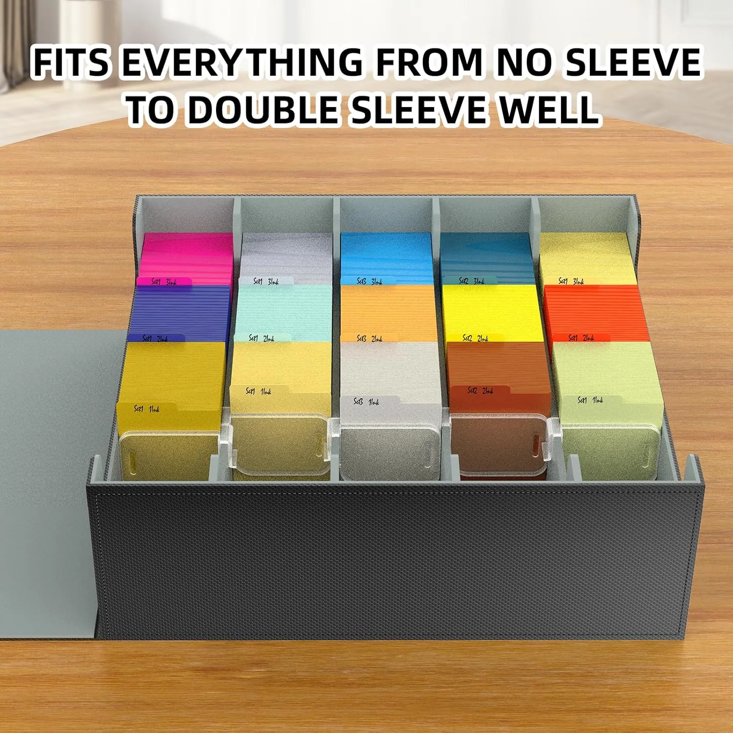 AFIING 4-Row Trading Card Storage Box – Holds 3200  Cards, 48 Dividers & 4 Stoppers, Card Deck Box for MTG TCG Sports Cards – Includes 1 Dice Bag(Black Grey)